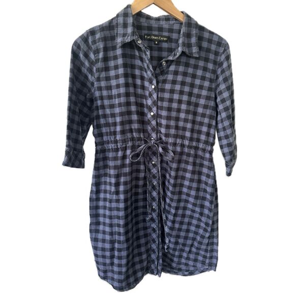 Paris Blues Denim Women's Gingham Button Down Drawstring Waist Shirt Dress M - Picture 1 of 7